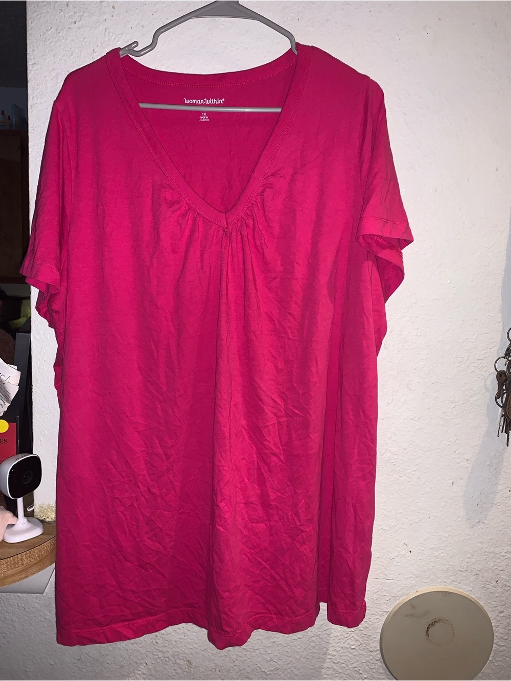 Woman Within V-Neck Short Sleeve Top in Bright Pink